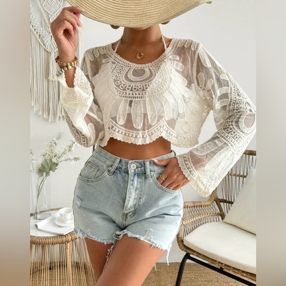 Boho Medallion Embroidered Sheer Crop Top | Cream Lace Festival Vibe Size M - Picture 6 of 6
